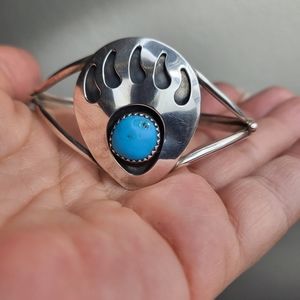 Native American Bear Claw "Running Bear Signed" 925 Silver & Turquoise Bracelet